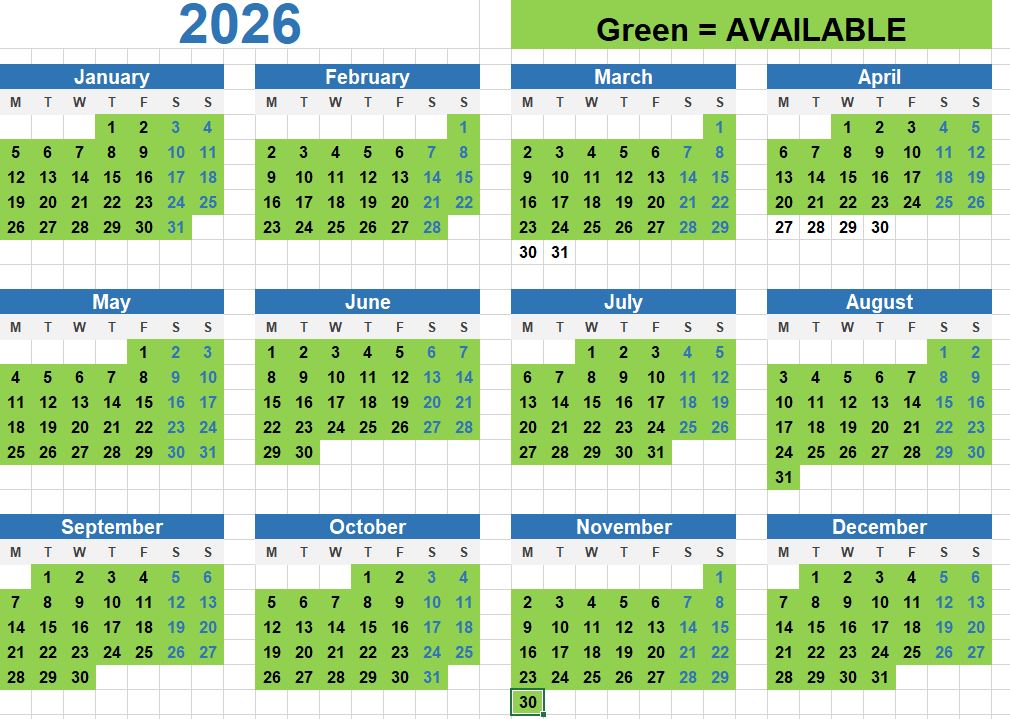 Availability calendar – next year